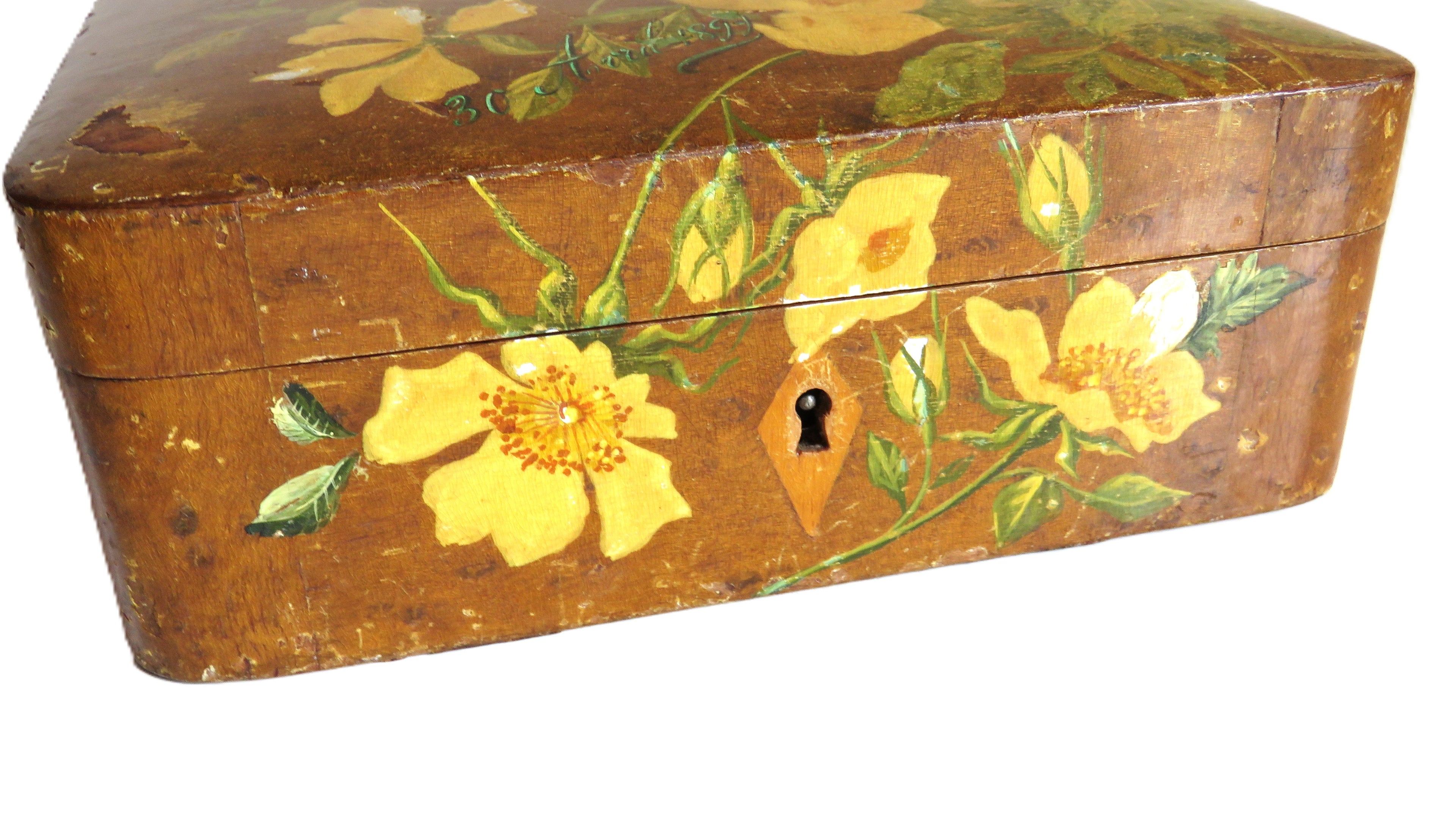 Antique French Hand - Painted Floral Wooden Keepsake Box – Tufted Pink Silk Interior – Dated 30 Août 1899 - Vintage French Treasures