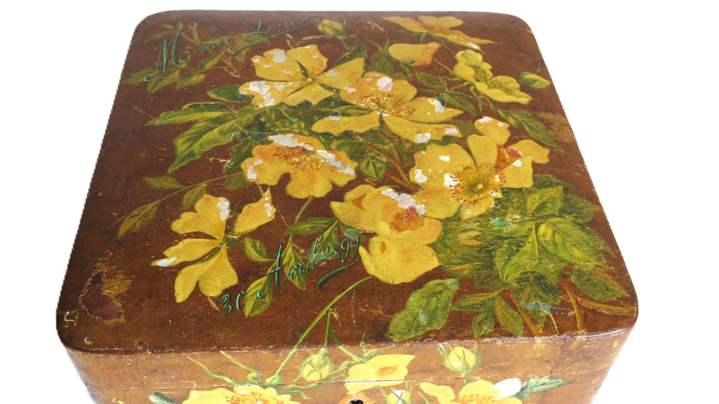 Antique French Hand - Painted Floral Wooden Keepsake Box – Tufted Pink Silk Interior – Dated 30 Août 1899 - Vintage French Treasures