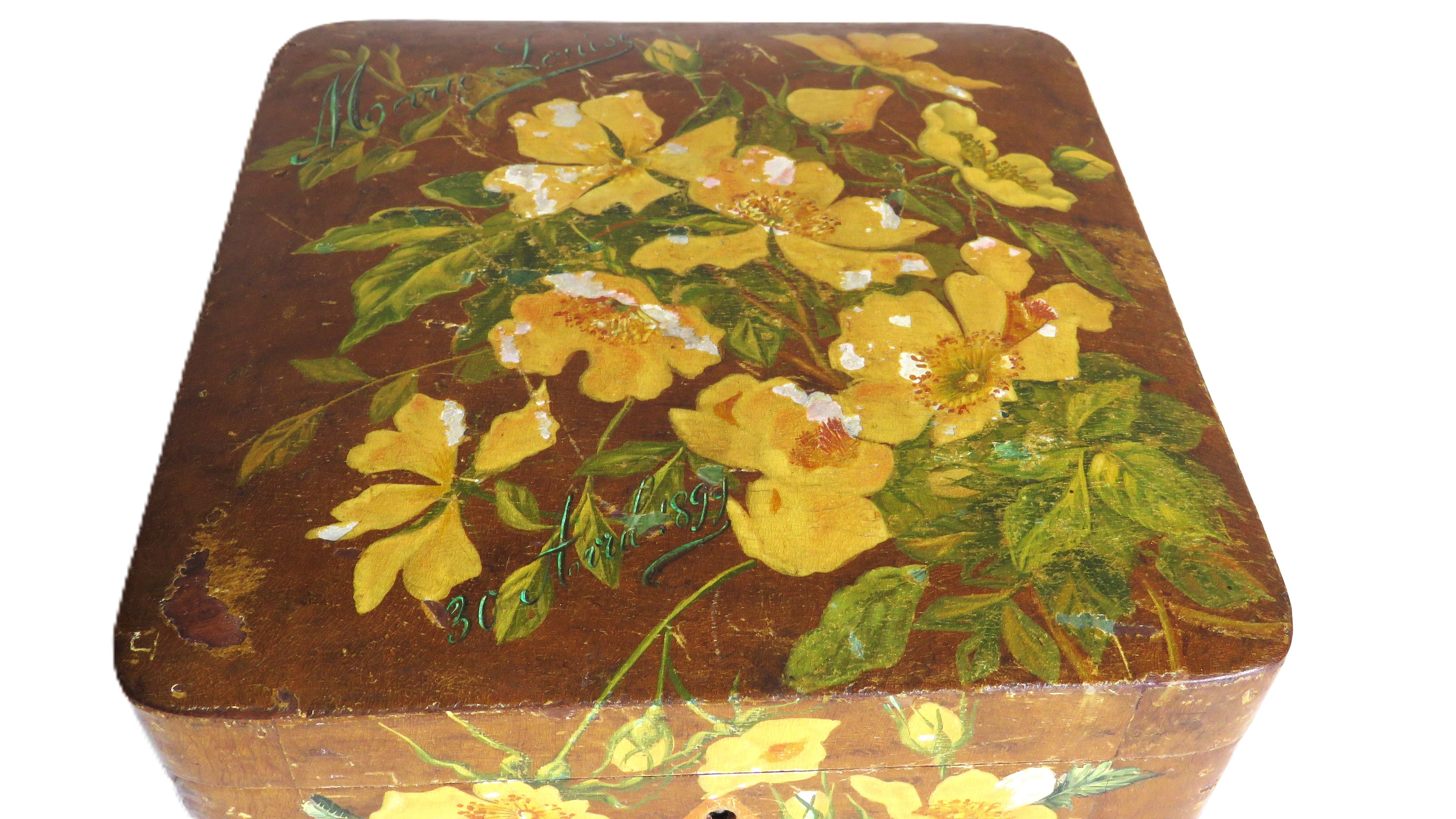 Antique French Hand - Painted Floral Wooden Keepsake Box – Tufted Pink Silk Interior – Dated 30 Août 1899 - Vintage French Treasures