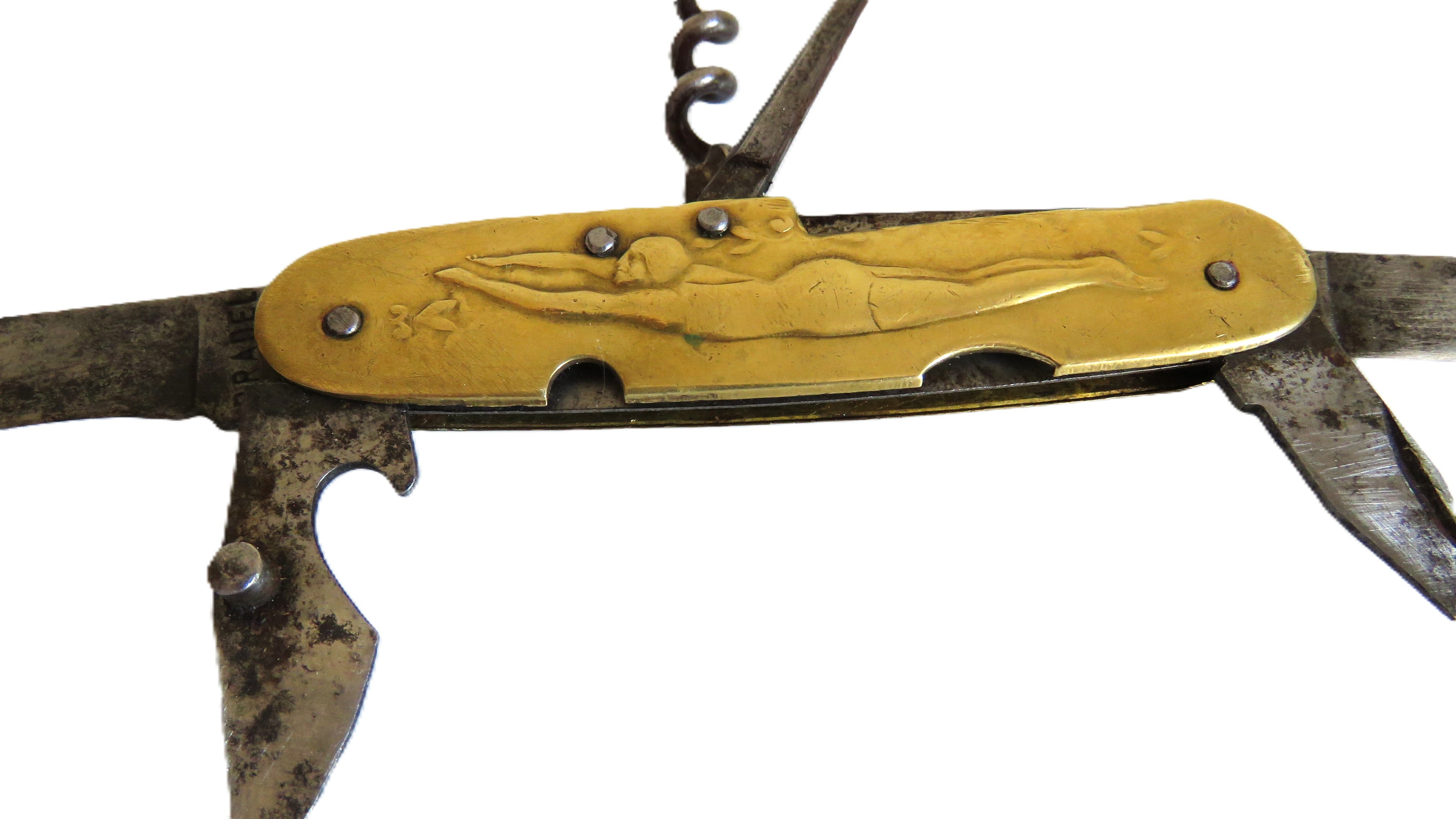 Antique French Art Nouveau Figural Pocket Knife & Corkscrew, Pradel - Vintage French Treasures
