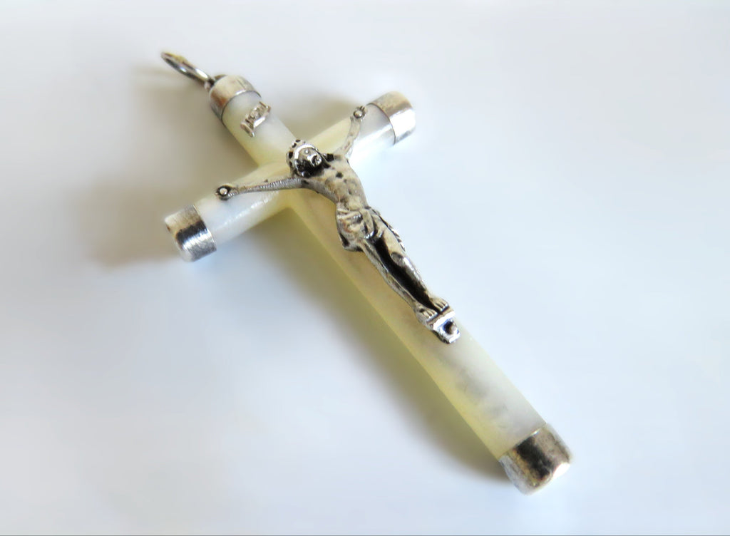 Vintage French Mother of Pearl Crucifix Pendant with Silver Mounts - Vintage French Treasures