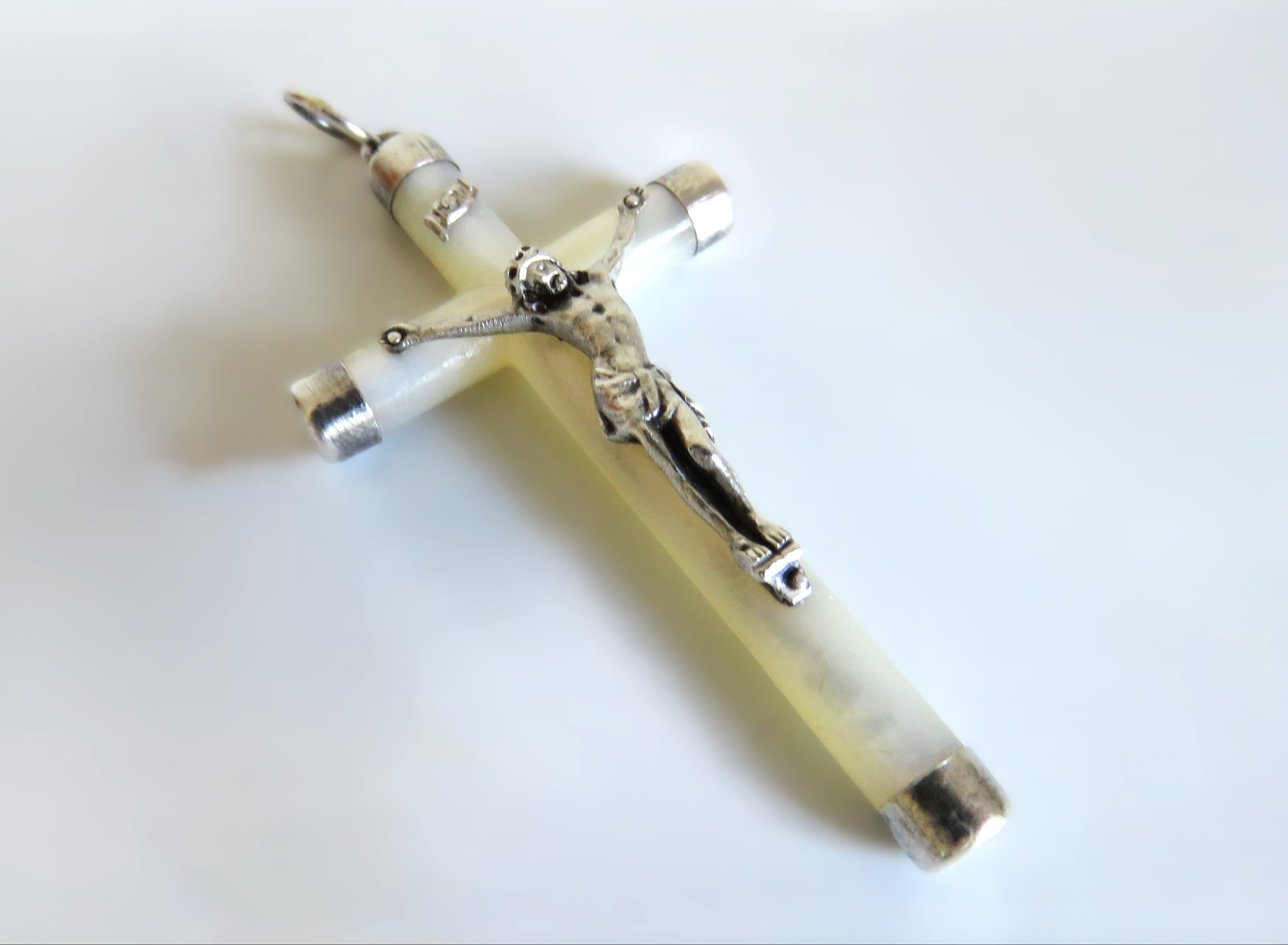 Vintage French Mother of Pearl Crucifix Pendant with Silver Mounts - Vintage French Treasures