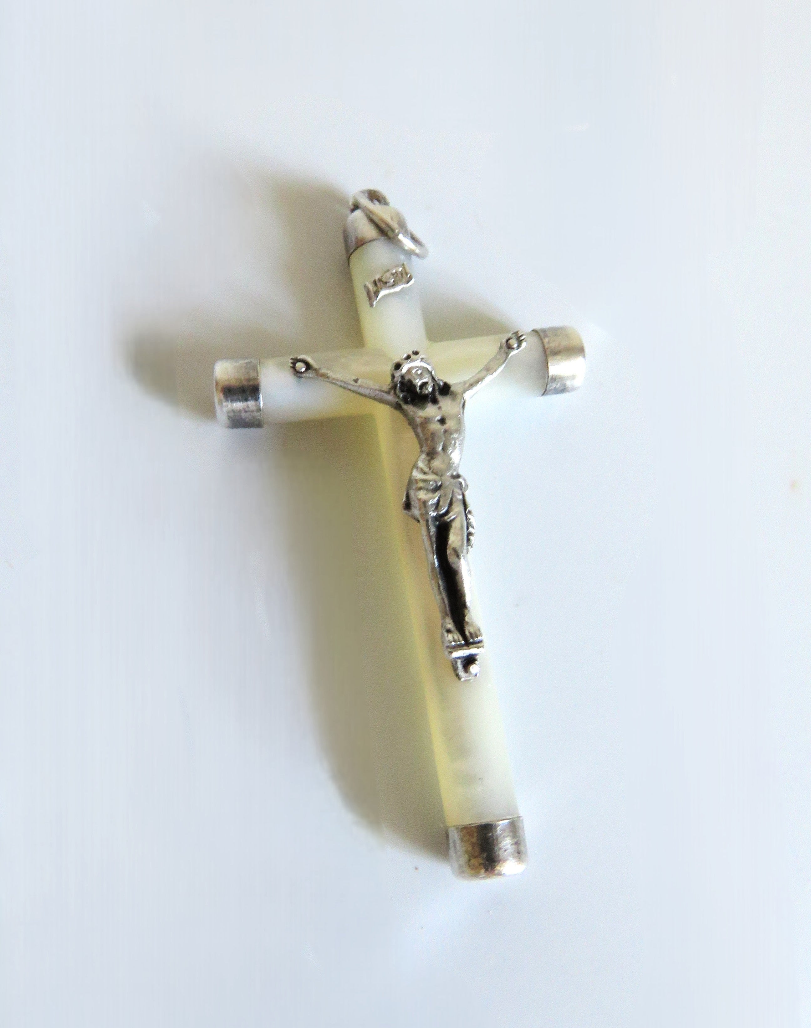 Vintage French Mother of Pearl Crucifix Pendant with Silver Mounts - Vintage French Treasures
