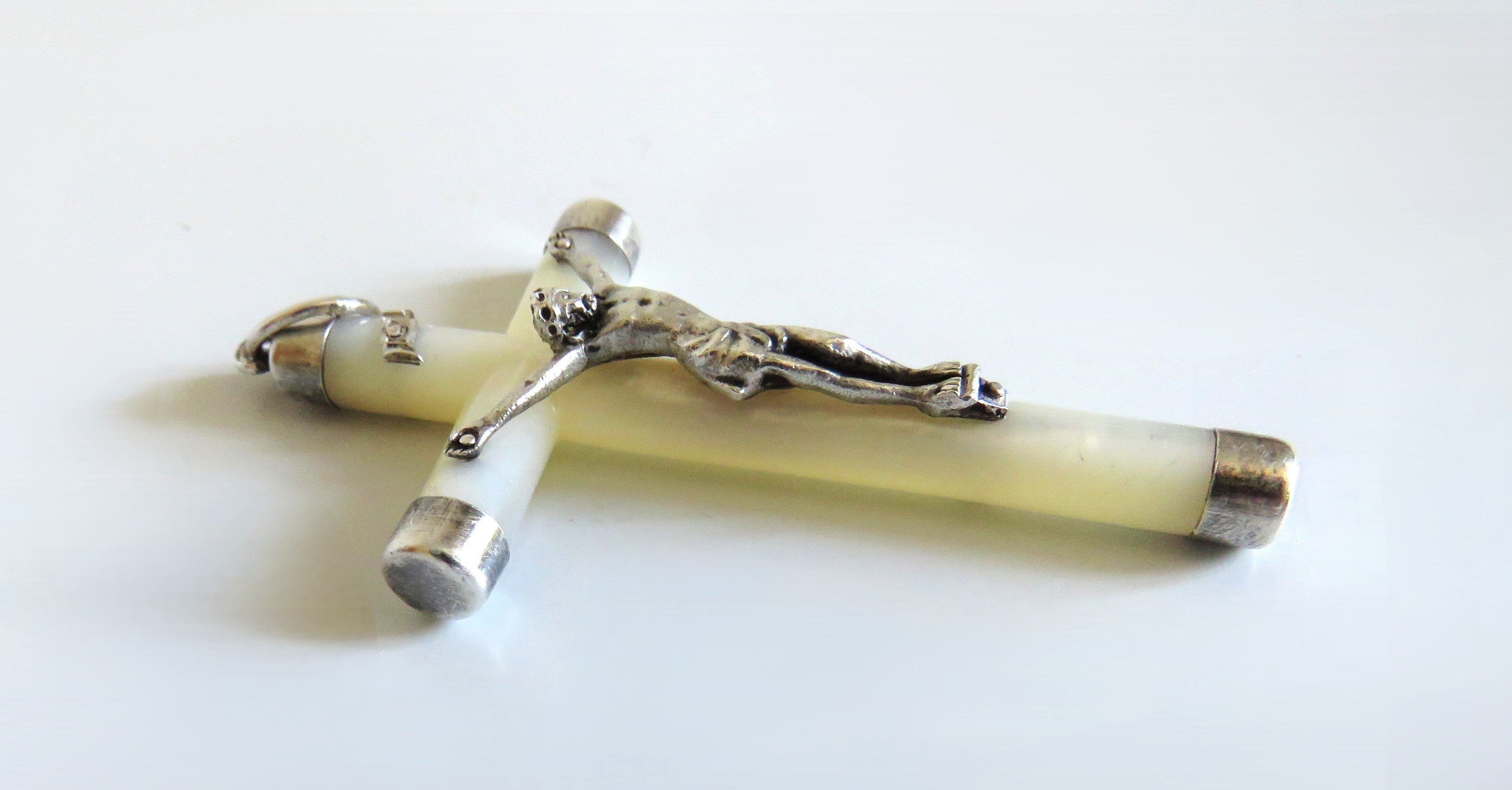 Vintage French Mother of Pearl Crucifix Pendant with Silver Mounts - Vintage French Treasures