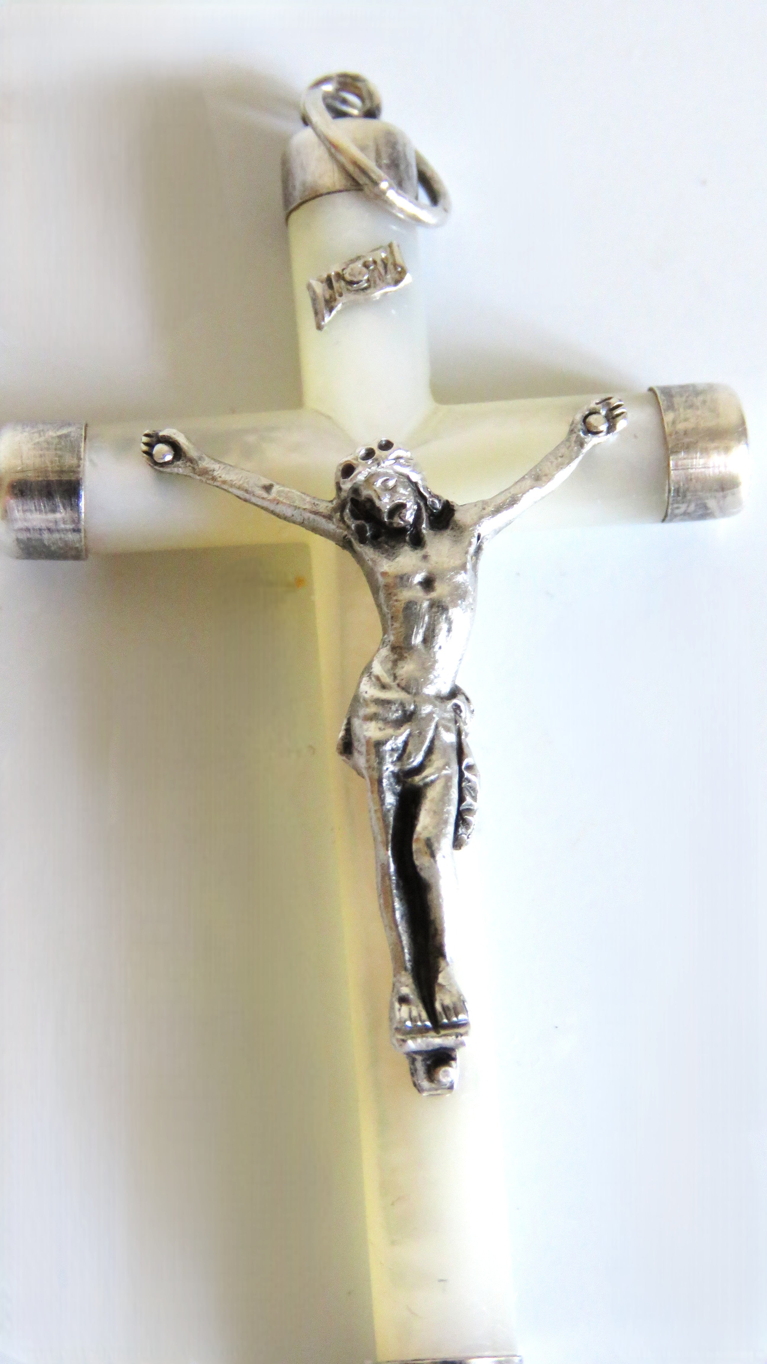 Vintage French Mother of Pearl Crucifix Pendant with Silver Mounts - Vintage French Treasures