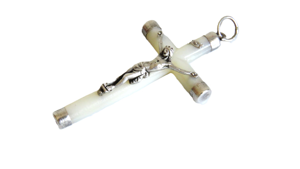 Vintage French Mother of Pearl Crucifix Pendant with Silver Mounts - Vintage French Treasures
