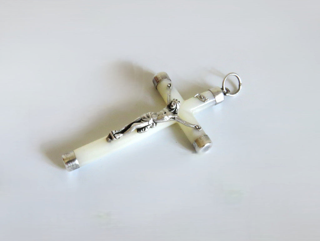 Vintage French Mother of Pearl Crucifix Pendant with Silver Mounts - Vintage French Treasures