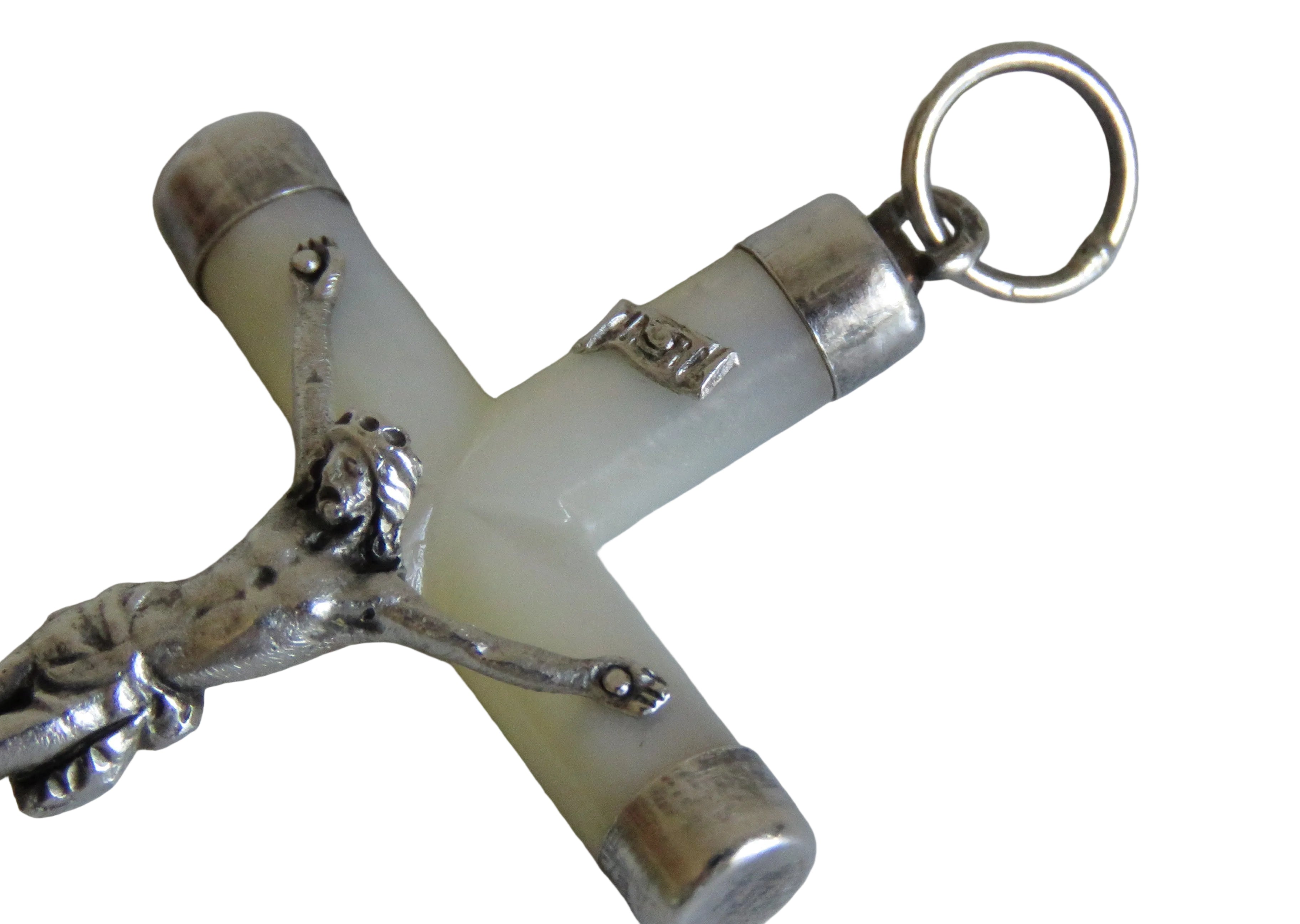 Vintage French Mother of Pearl Crucifix Pendant with Silver Mounts - Vintage French Treasures