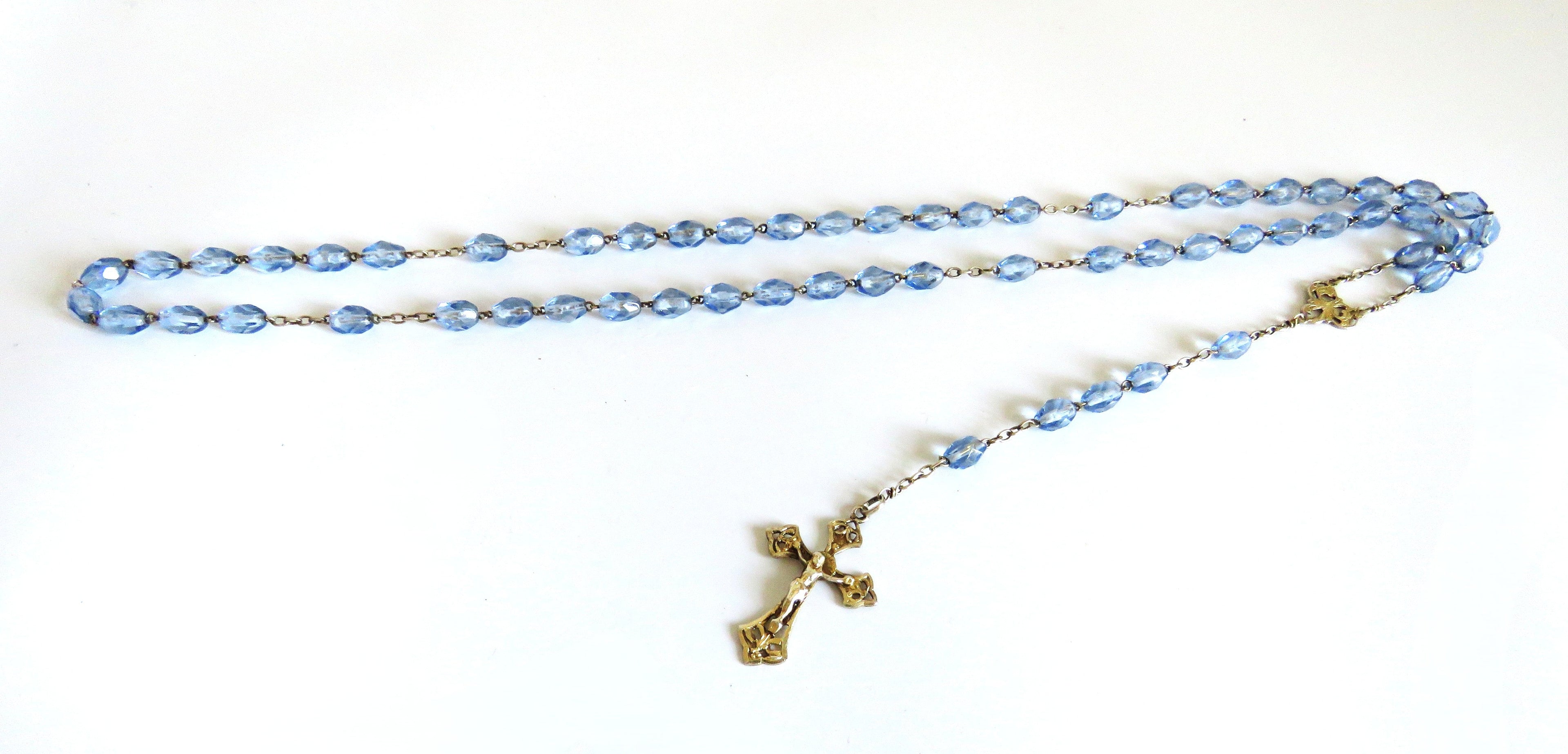Antique French Hallmarked Silver Vermeil Rosary with Faceted Blue Glass Beads - Vintage French Treasures