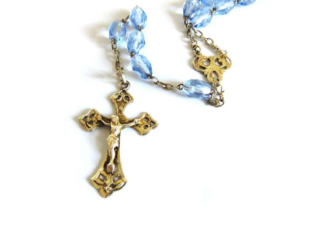 Antique French Hallmarked Silver Vermeil Rosary with Faceted Blue Glass Beads - Vintage French Treasures