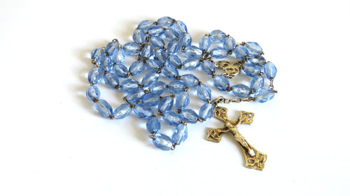 Antique French Hallmarked Silver Vermeil Rosary with Faceted Blue Glass Beads - Vintage French Treasures