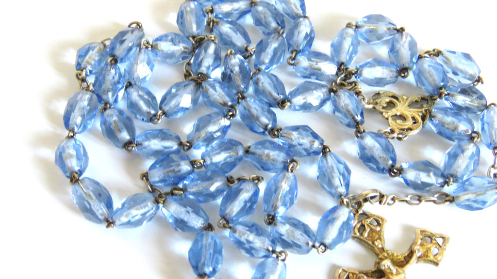Antique French Hallmarked Silver Vermeil Rosary with Faceted Blue Glass Beads - Vintage French Treasures