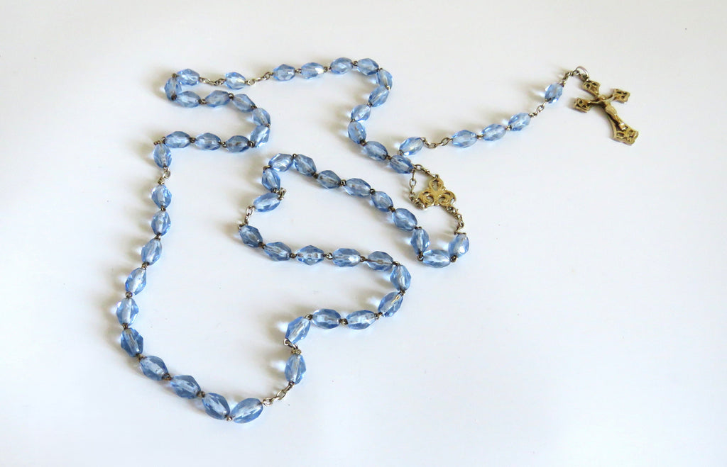 Antique French Hallmarked Silver Vermeil Rosary with Faceted Blue Glass Beads - Vintage French Treasures