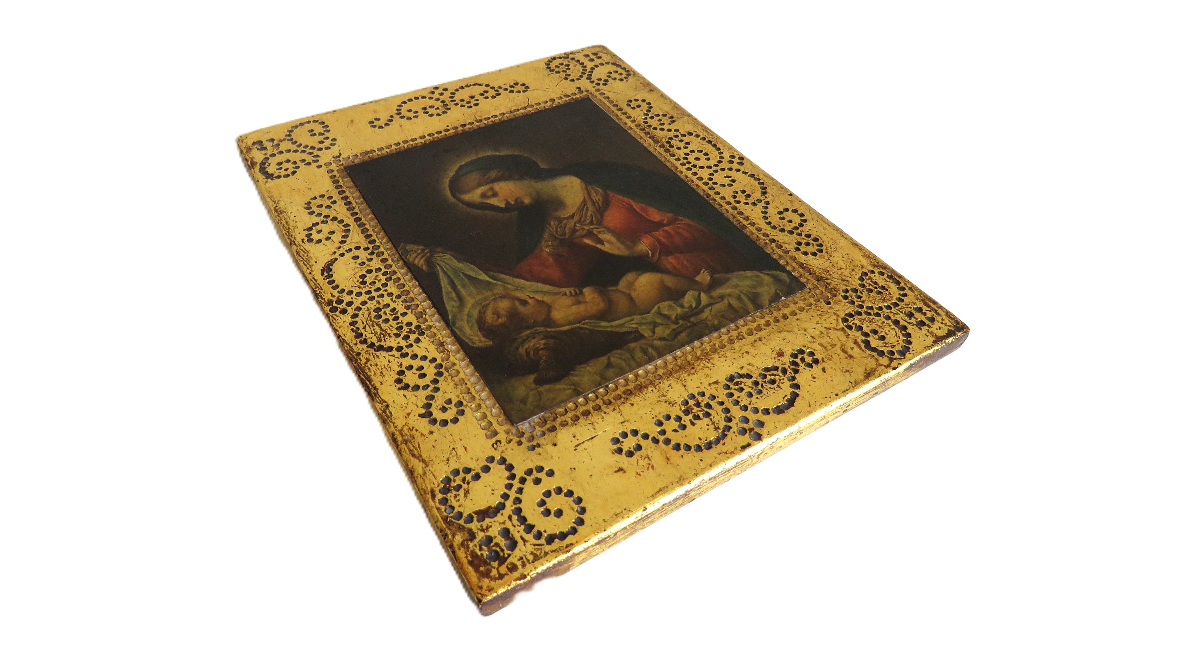 Antique Italian Florentine Madonna & Child Panel – Gilt Tole Style Religious Plaque After Carlo Dolci - Vintage French Treasures