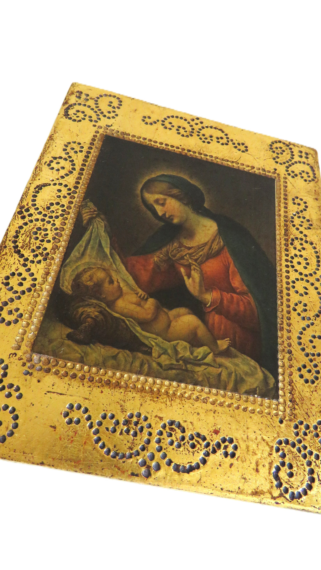 Antique Italian Florentine Madonna & Child Panel – Gilt Tole Style Religious Plaque After Carlo Dolci - Vintage French Treasures