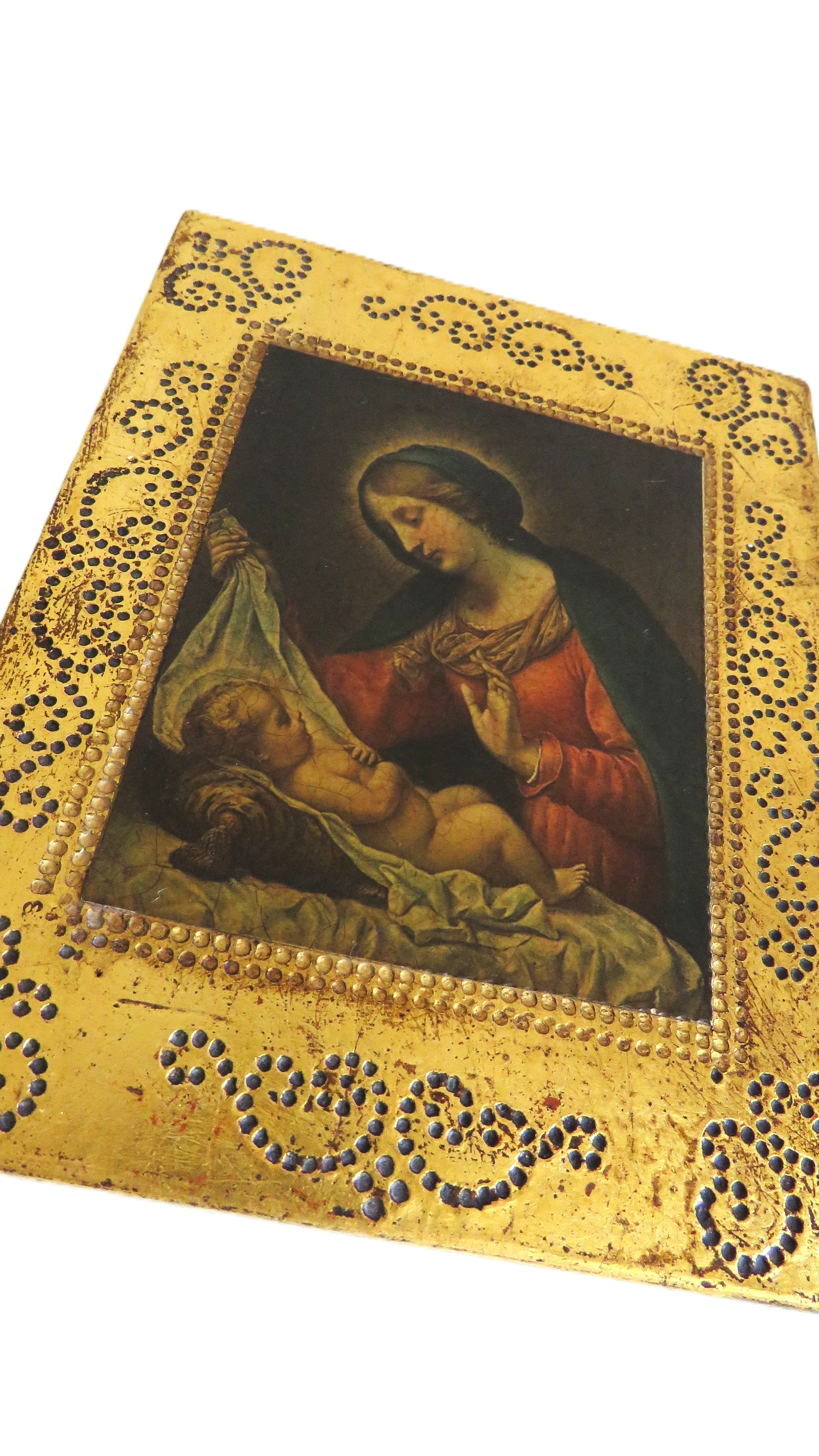 Antique Italian Florentine Madonna & Child Panel – Gilt Tole Style Religious Plaque After Carlo Dolci - Vintage French Treasures