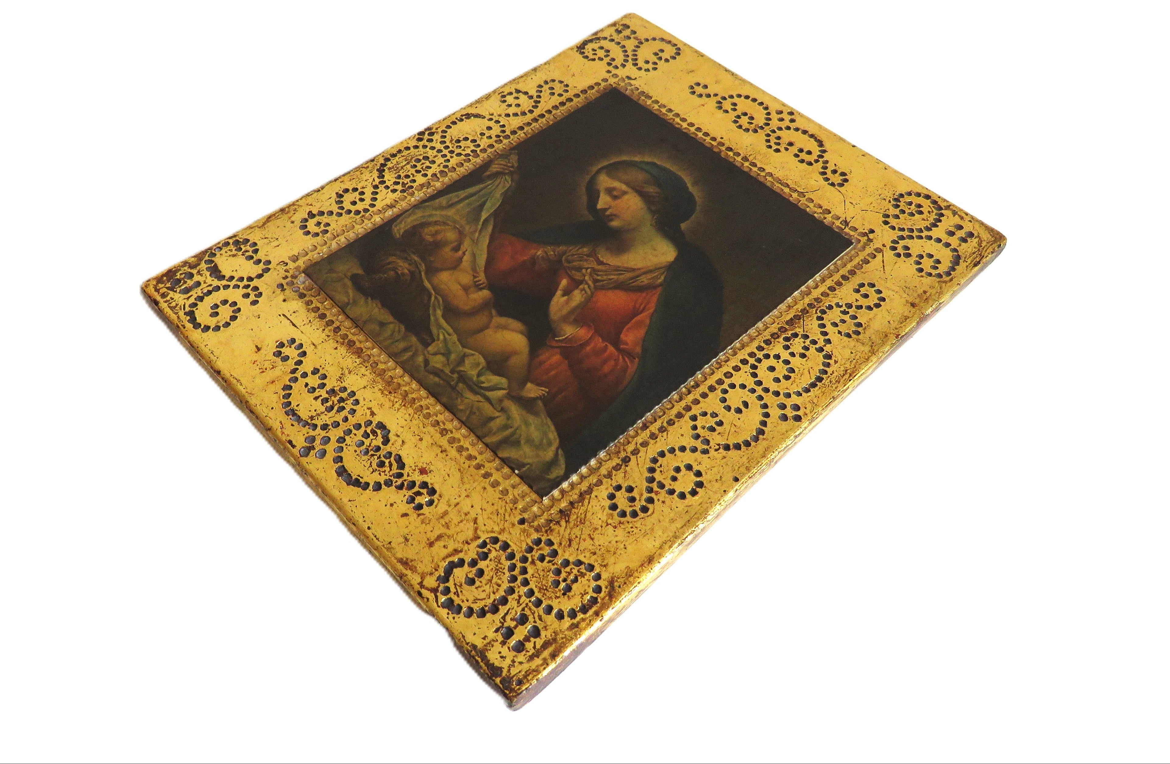Antique Italian Florentine Madonna & Child Panel – Gilt Tole Style Religious Plaque After Carlo Dolci - Vintage French Treasures