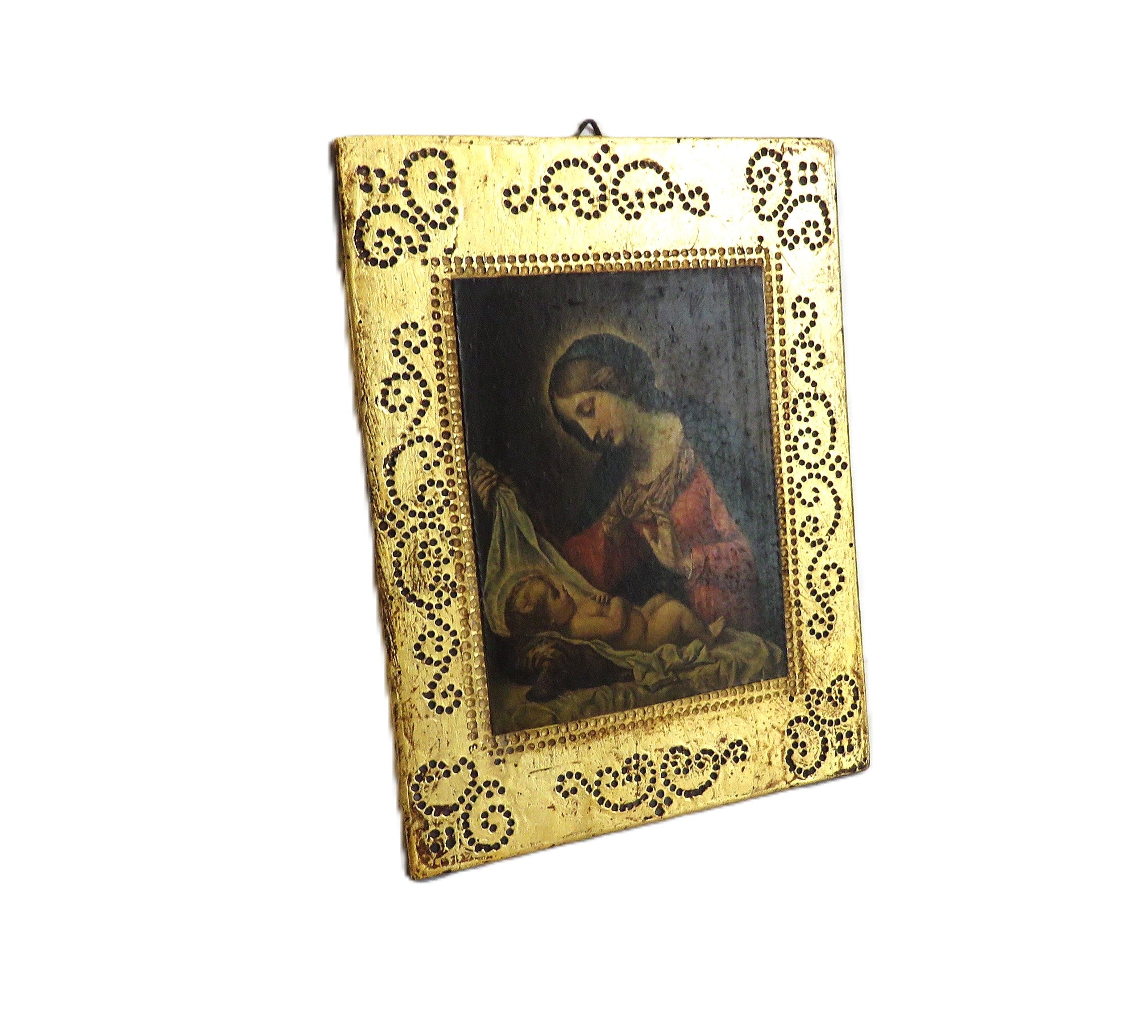 Antique Italian Florentine Madonna & Child Panel – Gilt Tole Style Religious Plaque After Carlo Dolci - Vintage French Treasures