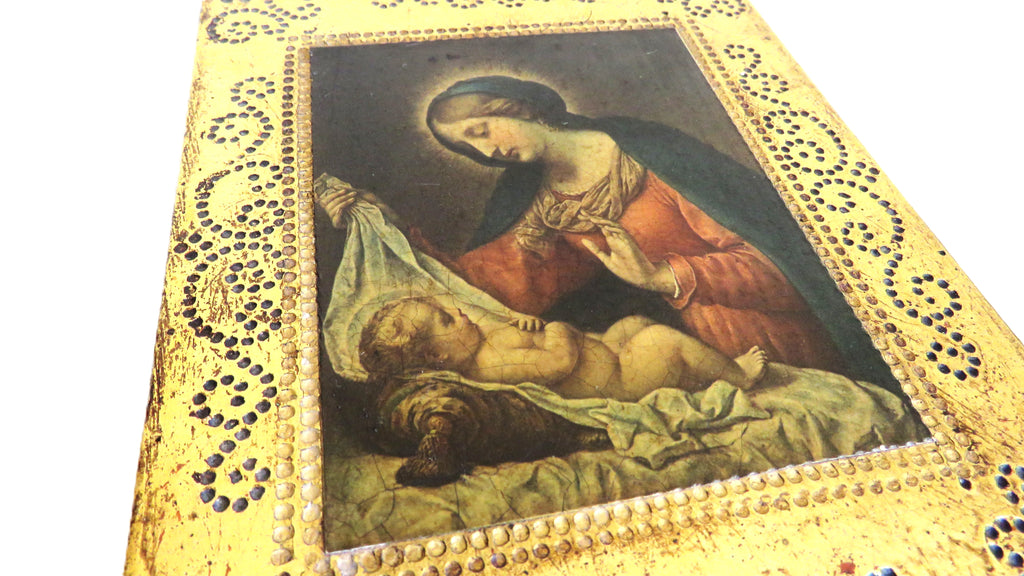Antique Italian Florentine Madonna & Child Panel – Gilt Tole Style Religious Plaque After Carlo Dolci - Vintage French Treasures