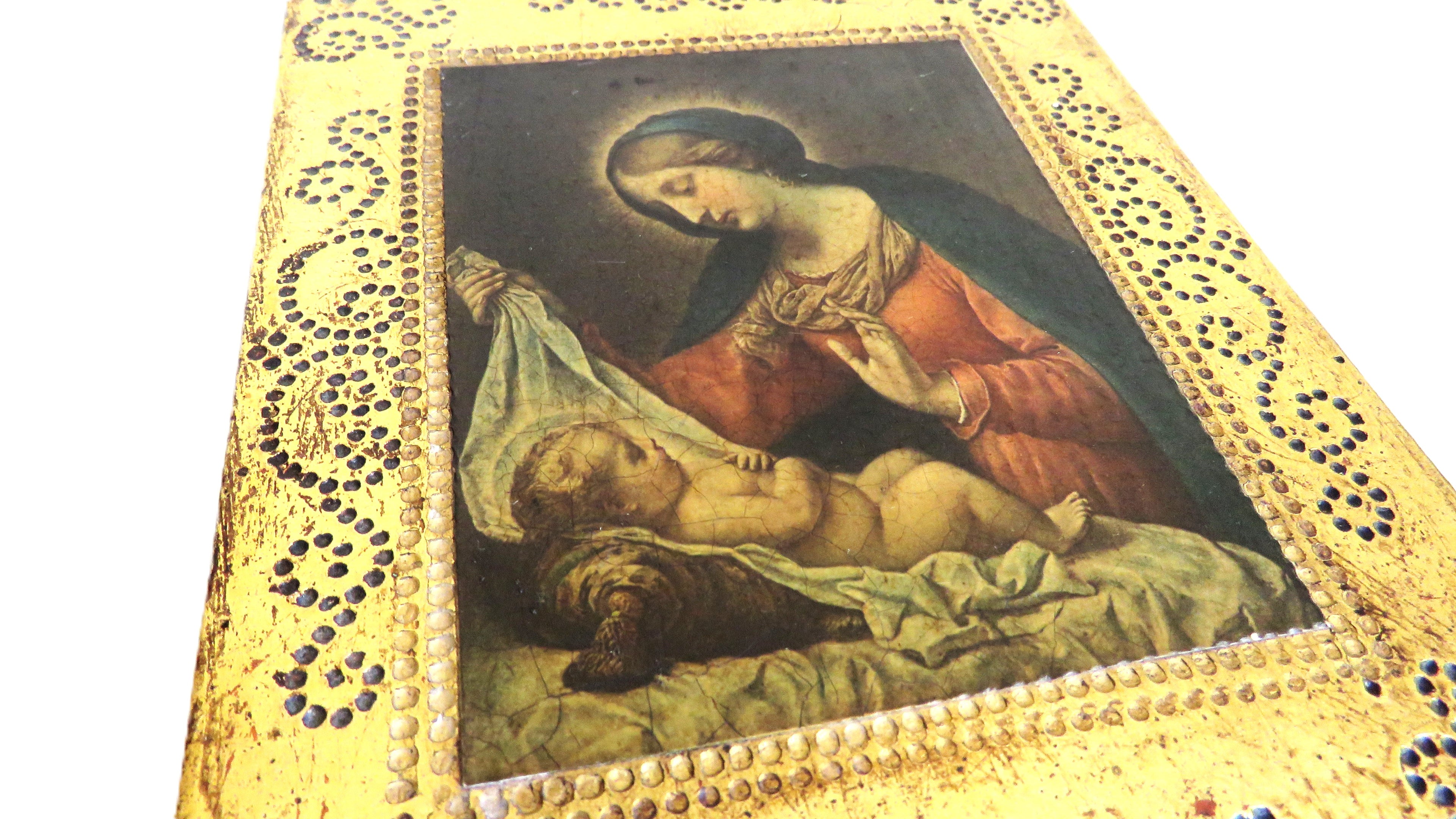 Antique Italian Florentine Madonna & Child Panel – Gilt Tole Style Religious Plaque After Carlo Dolci - Vintage French Treasures