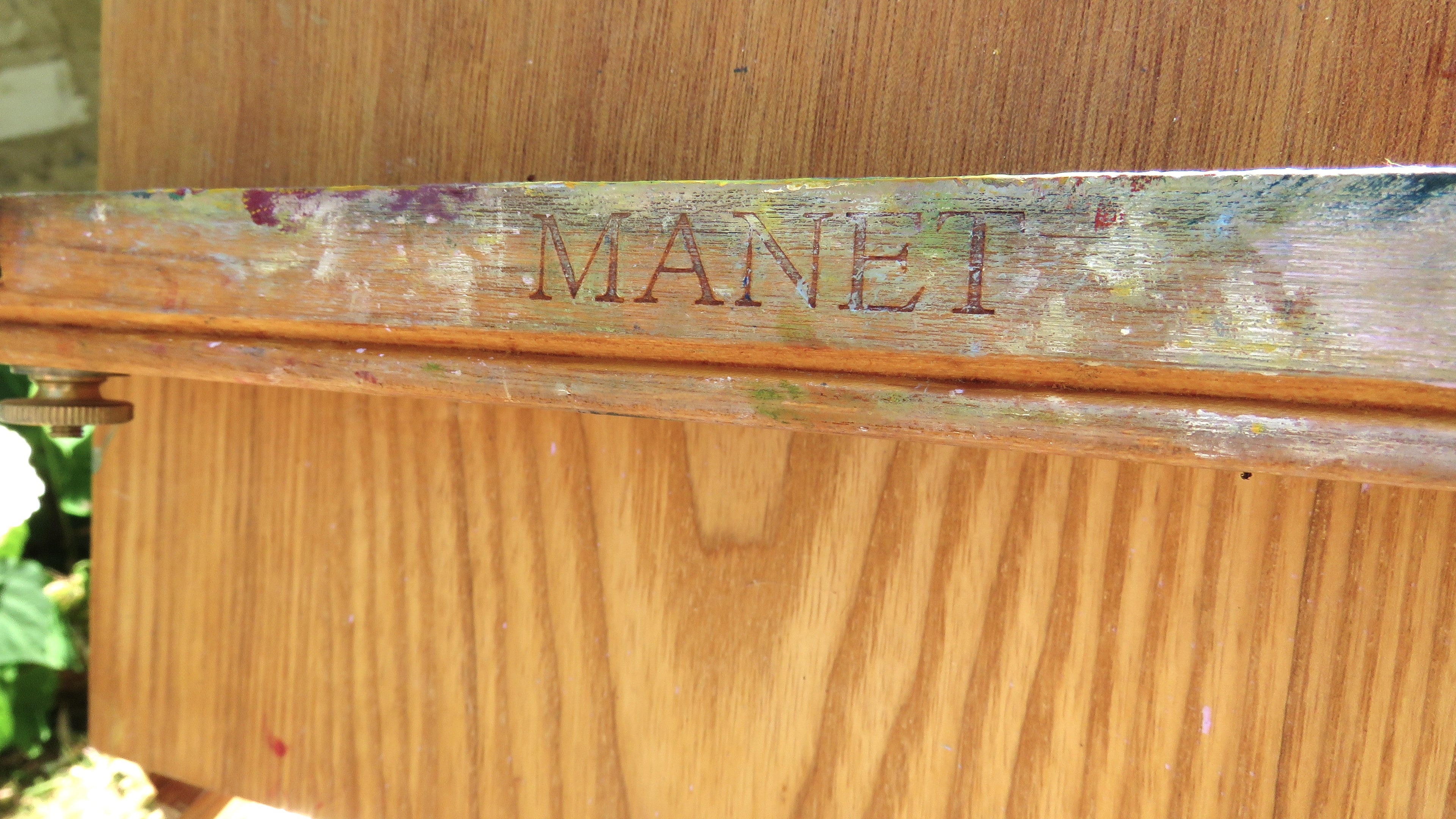 Wooden surface with 'MANET' engraved on it, surrounded by greenery.