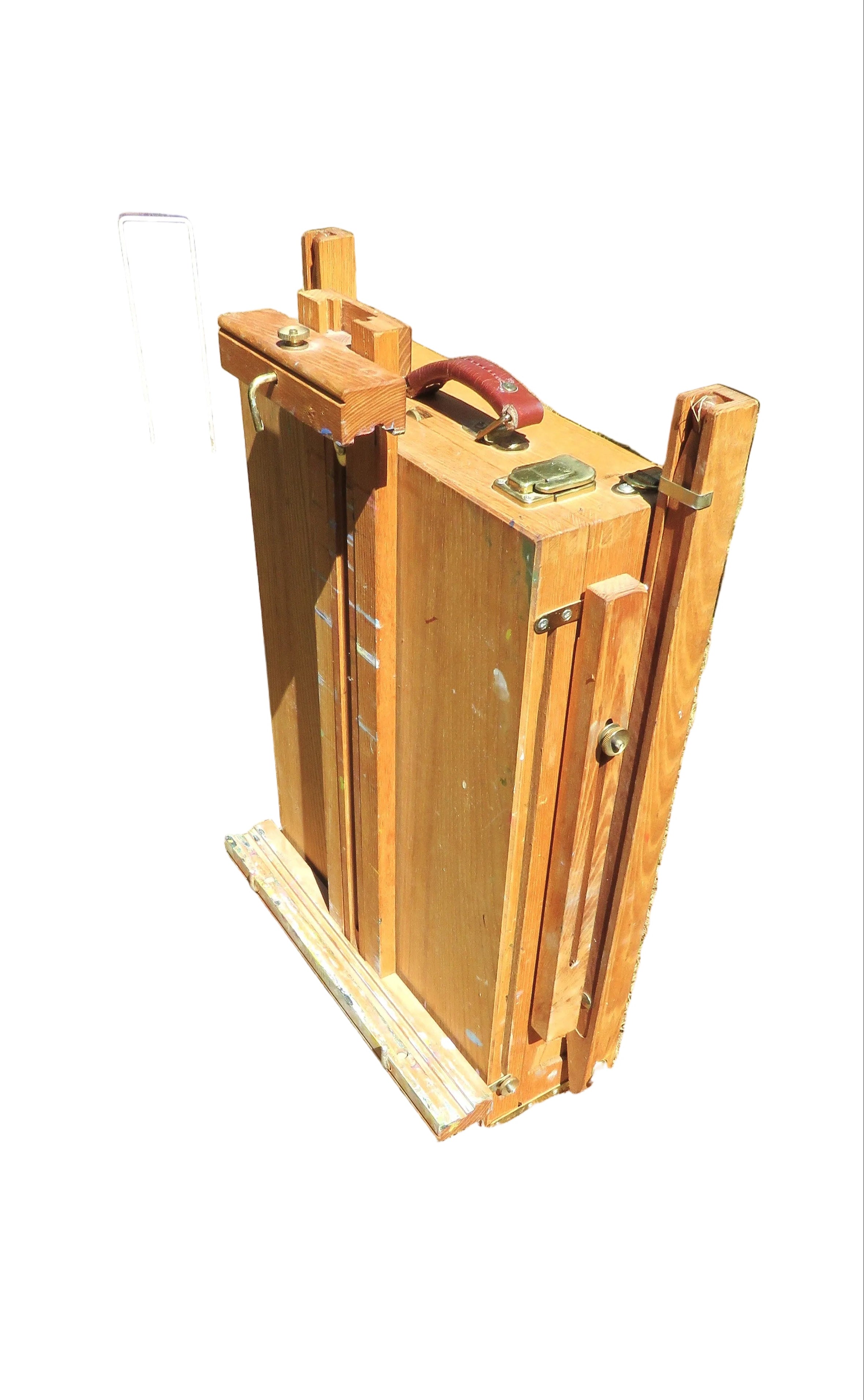 Wooden folded artist's easel on a white background
