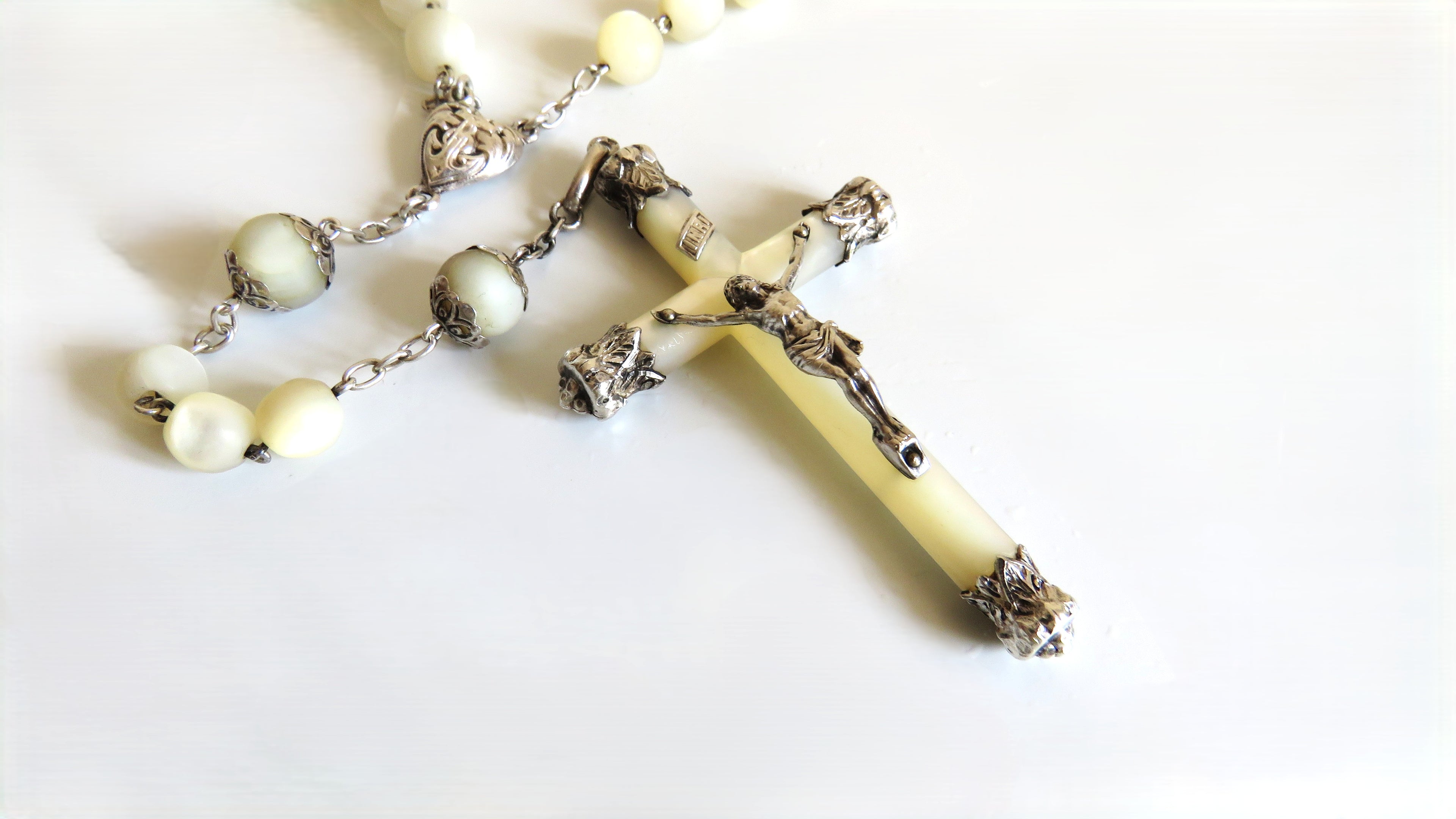 Early 1900s French Mother of Pearl Rosary | Hallmarked Silver - Vintage French Treasures