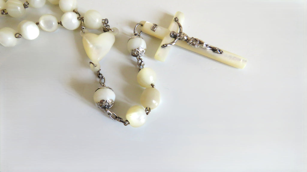 Large Antique French Mother of Pearl & Silver Rosary Heart Centre Hallmarked Silver