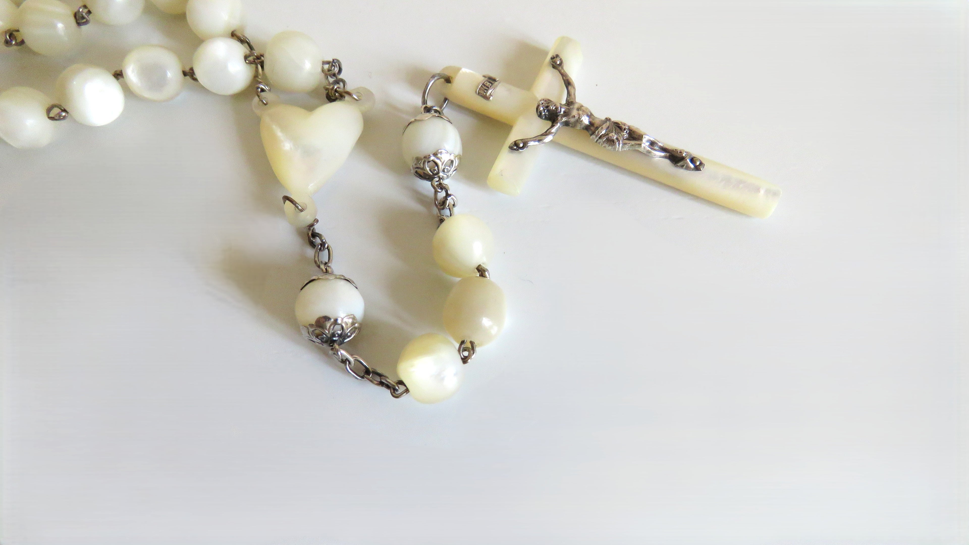 Large Antique French Mother of Pearl & Silver Rosary Heart Centre Hallmarked Silver