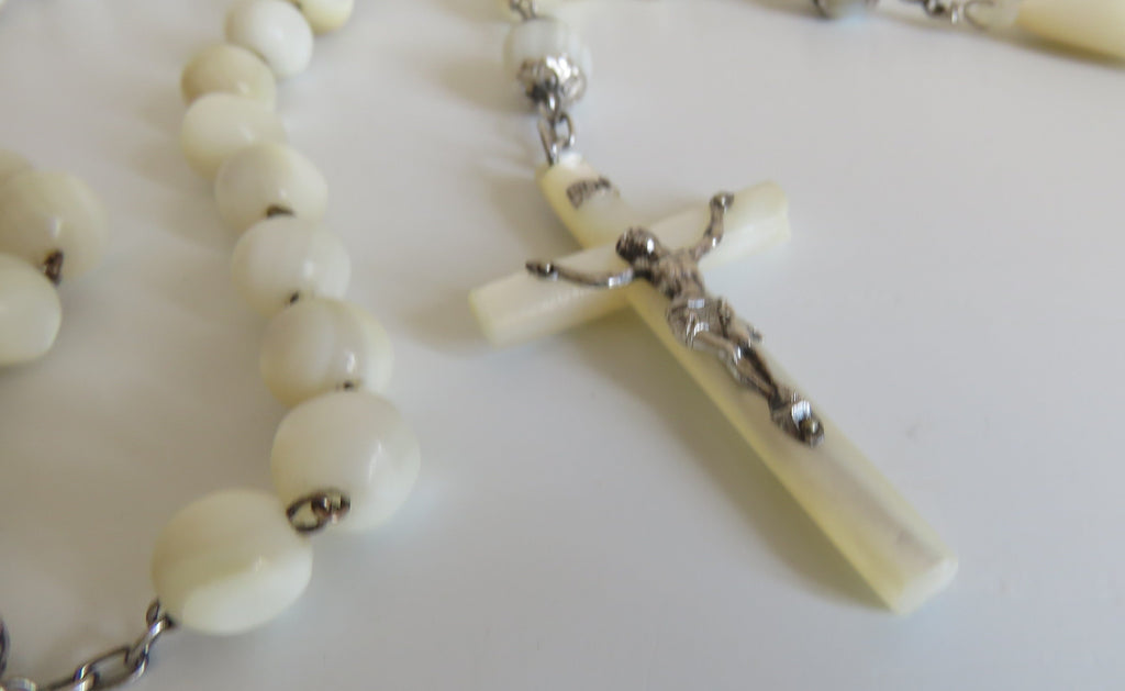 Large Antique French Mother of Pearl & Silver Rosary Heart Centre Hallmarked Silver