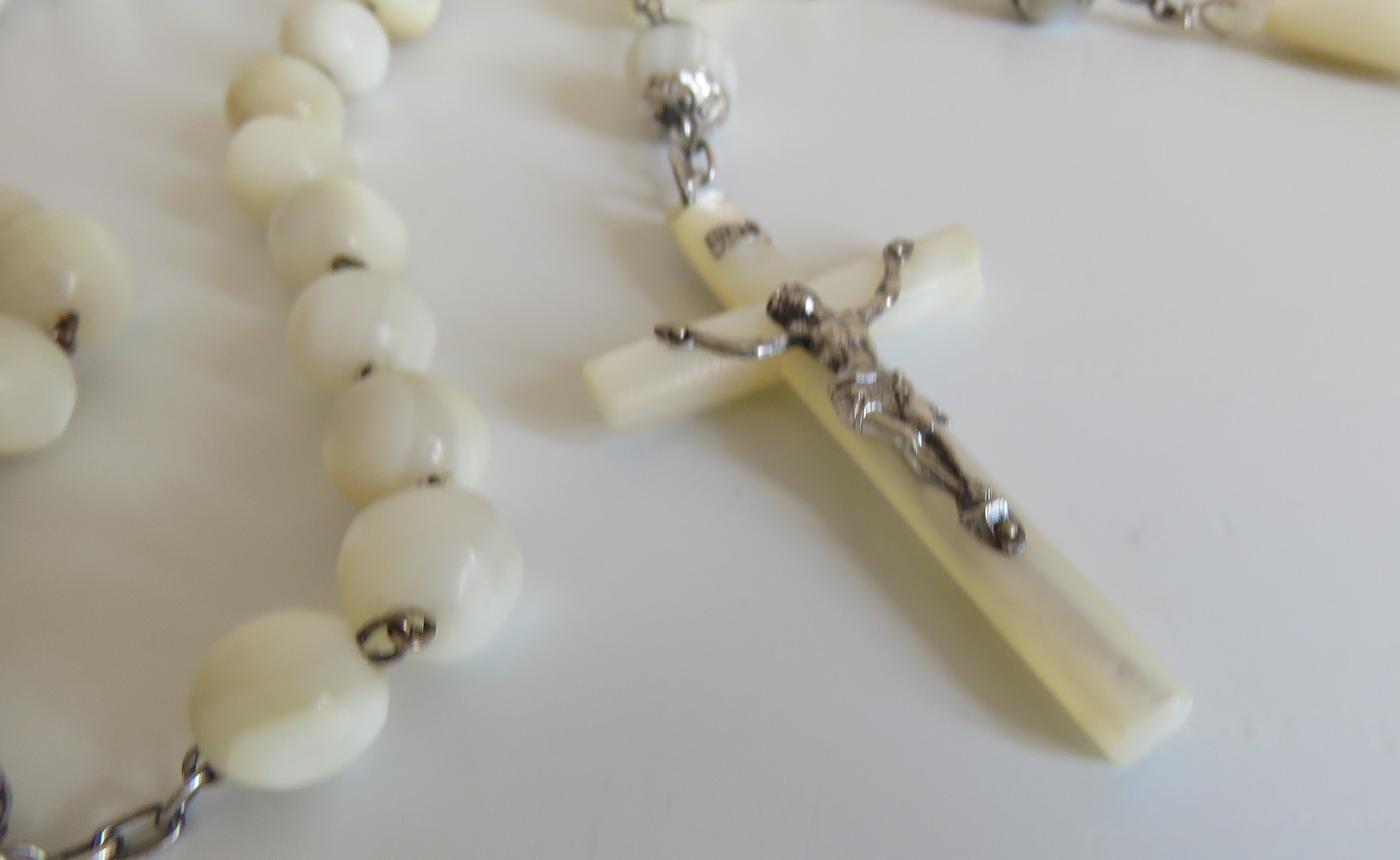 Large Antique French Mother of Pearl & Silver Rosary Heart Centre Hallmarked Silver