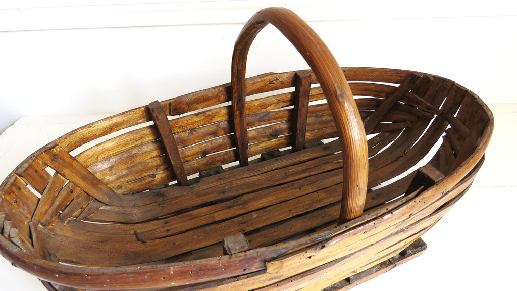 Antique French Split Wood Gathering Basket | Large Rustic Country Market Basket | Primitive Farmhouse Decor - Vintage French Treasures
