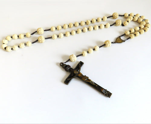 Antique French Carved Bone Rosary with Large Memento Mori Crucifix, Sacred Heart Centre, Catholic Devotional Rosary - Vintage French Treasures