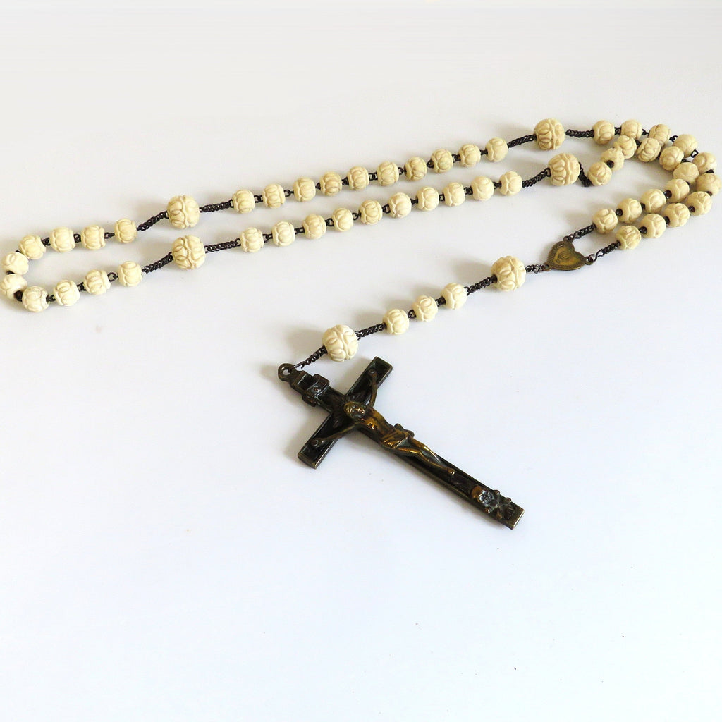 Antique French Carved Bone Rosary with Large Memento Mori Crucifix, Sacred Heart Centre, Catholic Devotional Rosary
