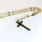 Antique French Carved Bone Rosary with Large Memento Mori Crucifix, Sacred Heart Centre, Catholic Devotional Rosary
