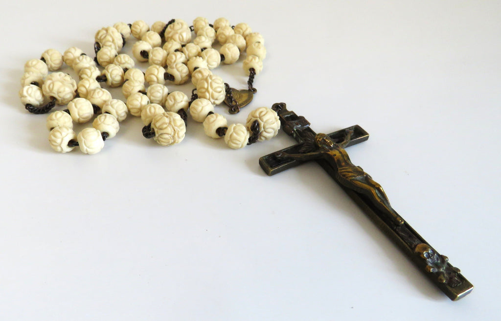 Antique French Carved Bone Rosary with Large Memento Mori Crucifix, Sacred Heart Centre, Catholic Devotional Rosary