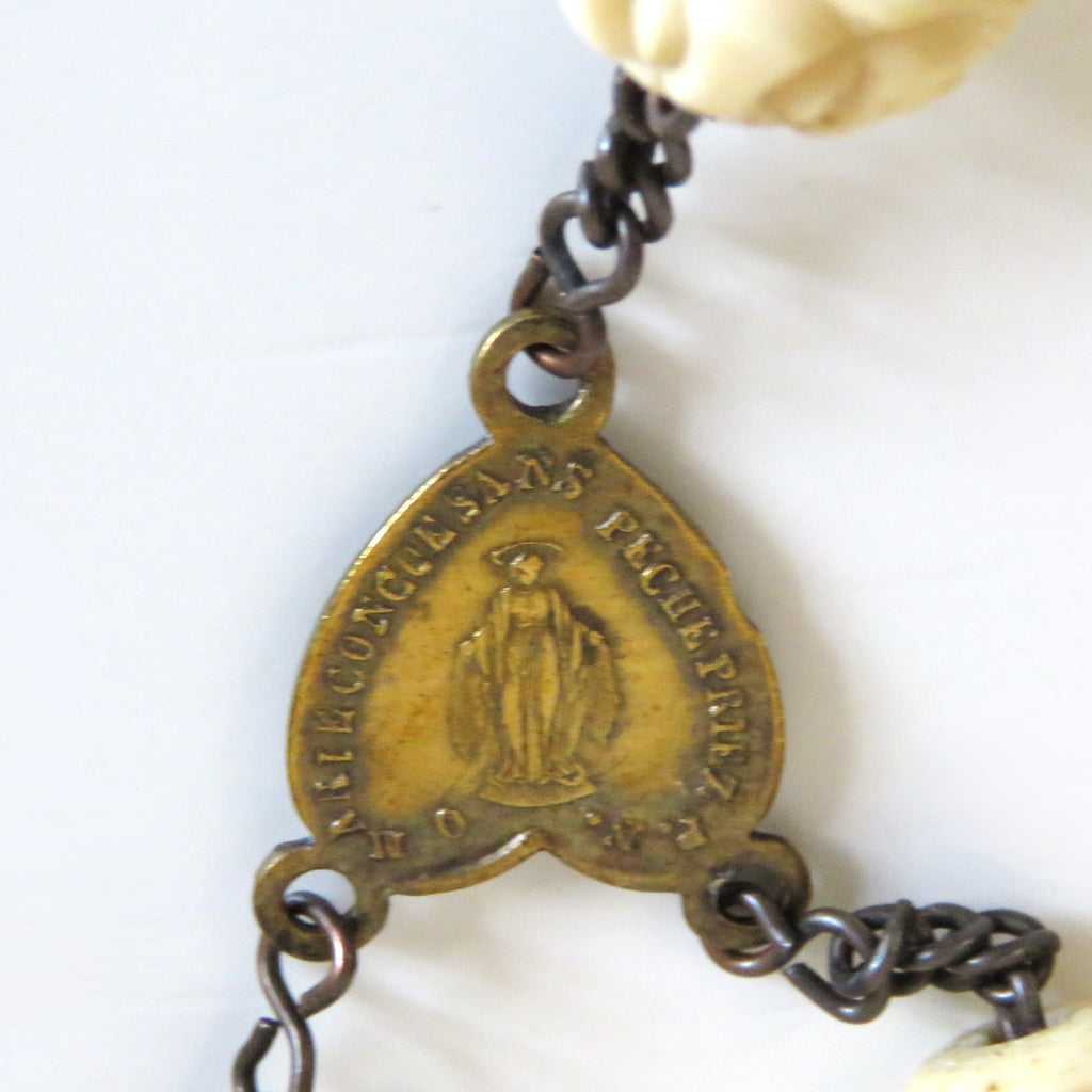 Antique French Carved Bone Rosary with Large Memento Mori Crucifix, Sacred Heart Centre, Catholic Devotional Rosary