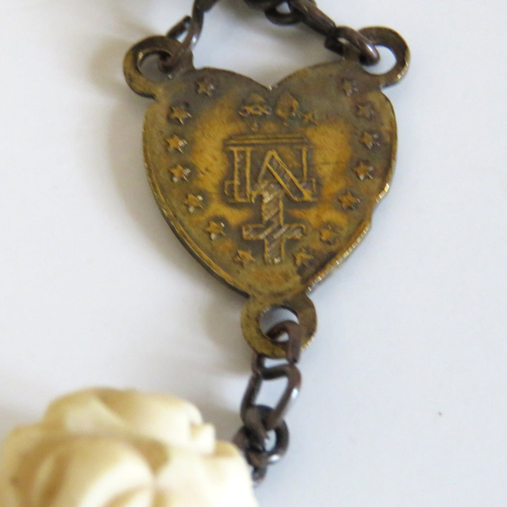Antique French Carved Bone Rosary with Large Memento Mori Crucifix, Sacred Heart Centre, Catholic Devotional Rosary
