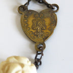 Antique French Carved Bone Rosary with Large Memento Mori Crucifix, Sacred Heart Centre, Catholic Devotional Rosary