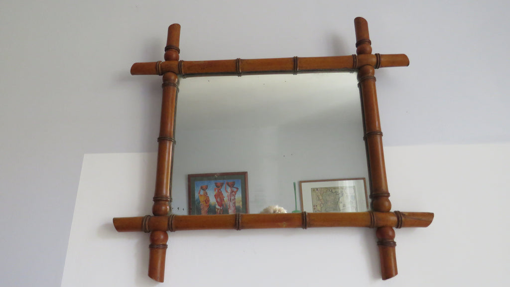 Antique French Faux Bamboo Mirror, Chinoiserie Wooden Wall Mirror, Victorian Decor - Vintage French Treasures