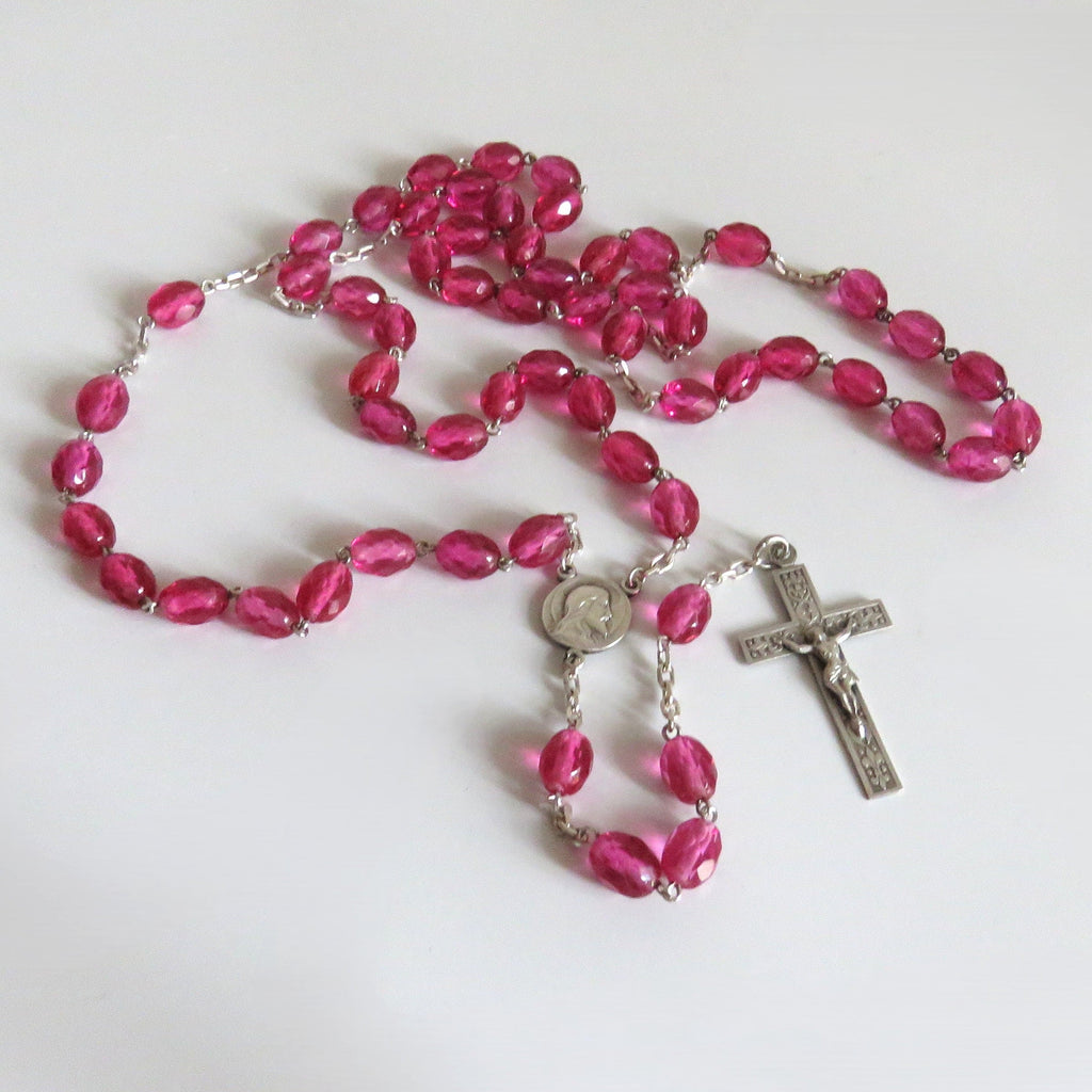 Antique French Pink Glass Rosary | Hallmarked Silver Early 1900s - Vintage French Treasures