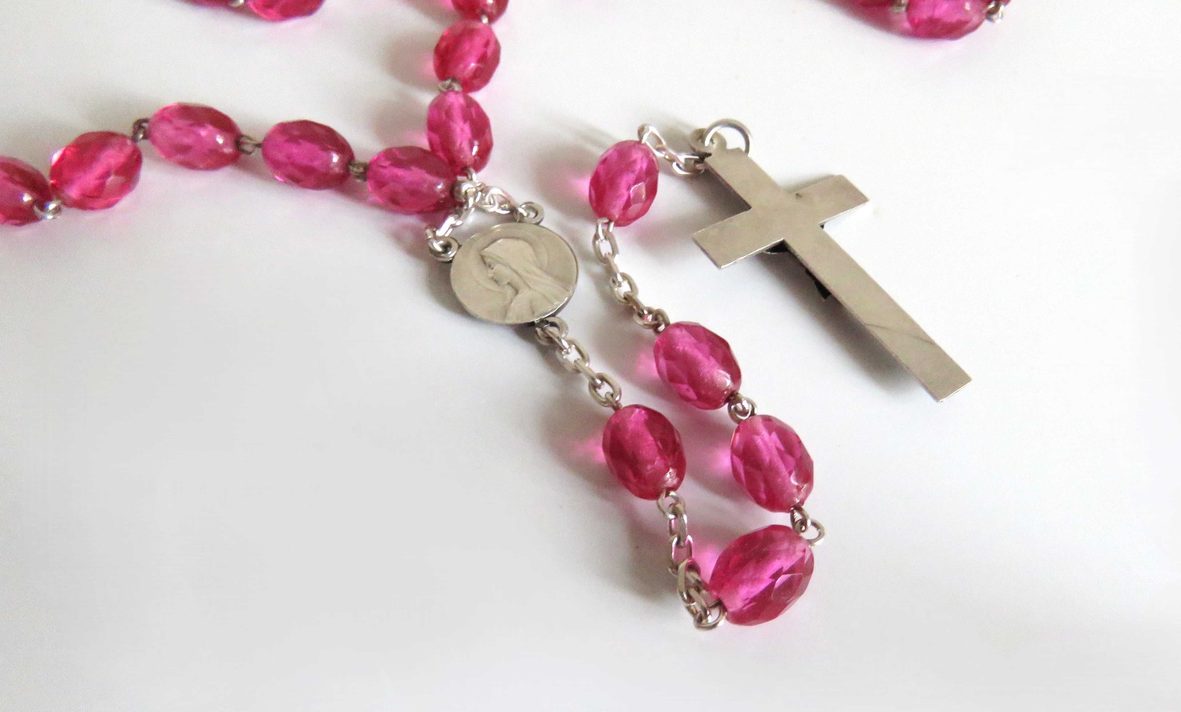 Antique French Pink Glass Rosary | Hallmarked Silver Early 1900s - Vintage French Treasures