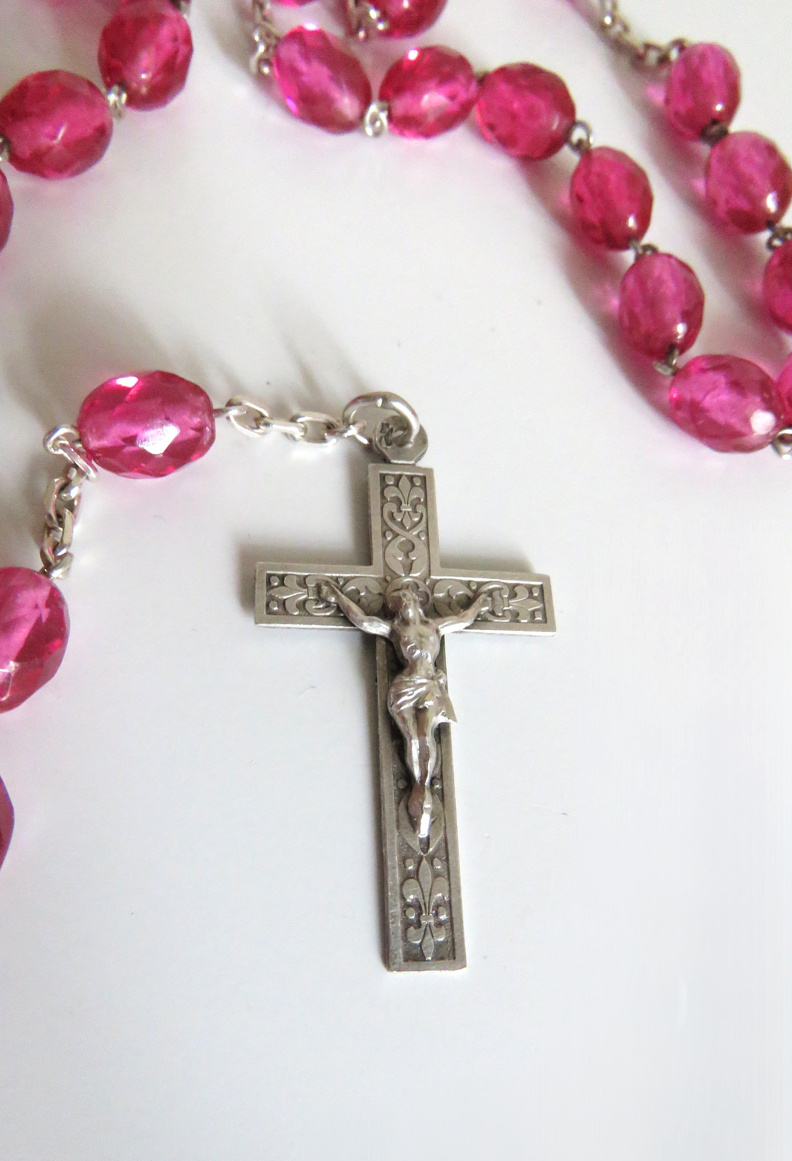 Antique French Pink Glass Rosary | Hallmarked Silver Early 1900s - Vintage French Treasures