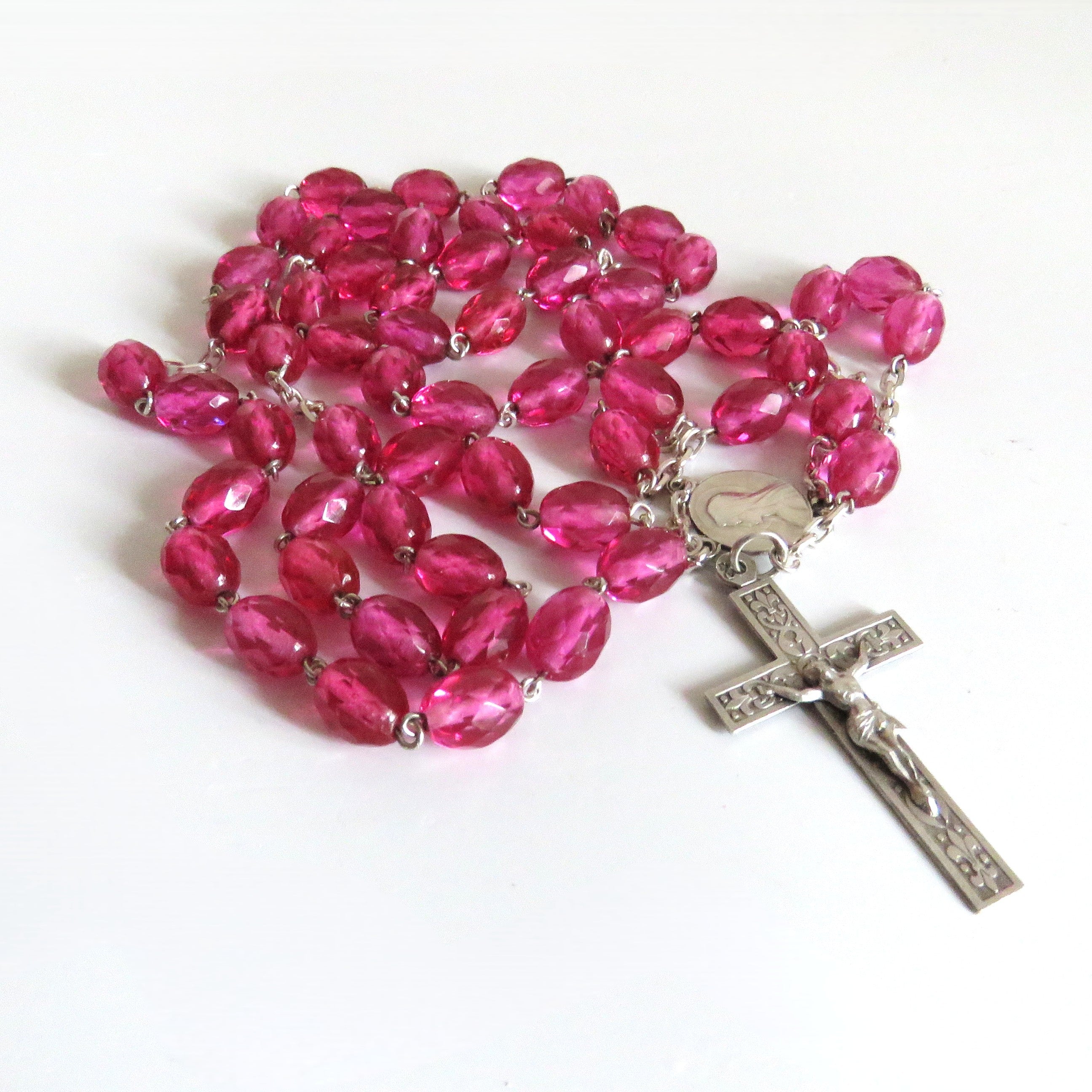 Antique French Pink Glass Rosary | Hallmarked Silver Early 1900s - Vintage French Treasures