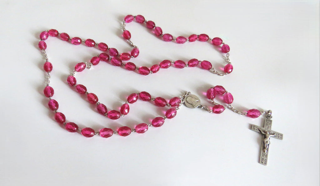 Antique French Pink Glass Rosary | Hallmarked Silver Early 1900s - Vintage French Treasures