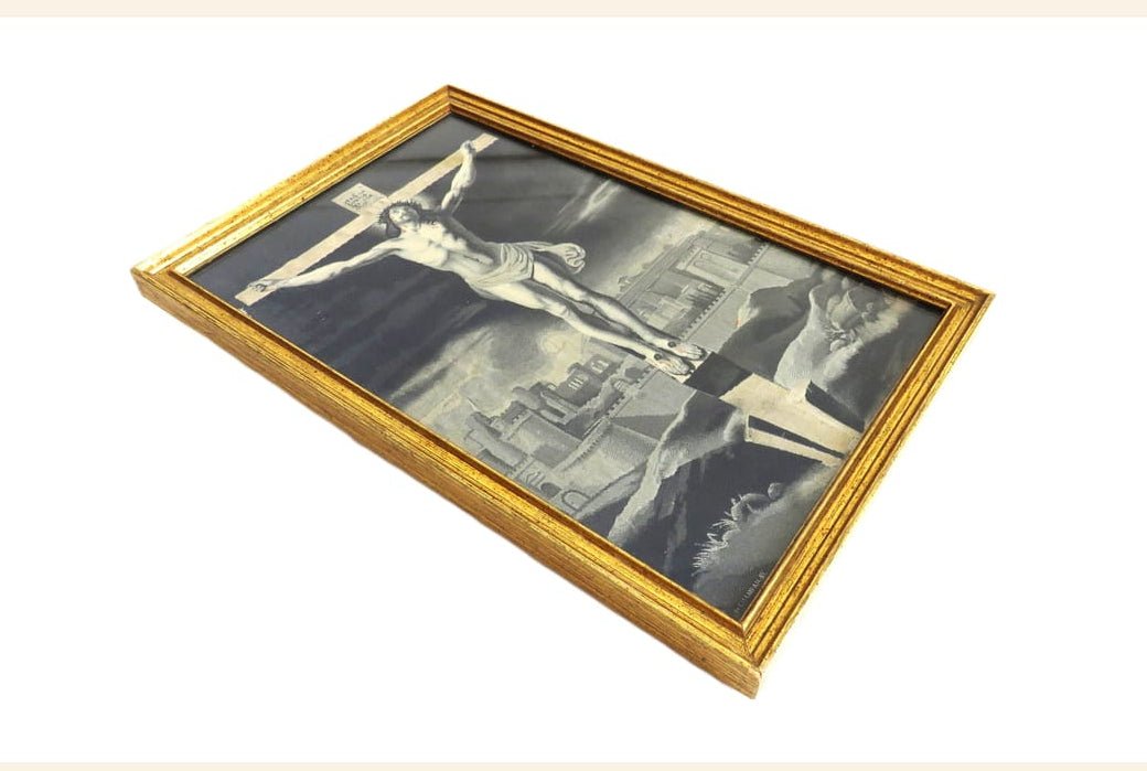 French Devotional Silk of the Crucifixion in Original Gilt Frame, Catholic Religious Wall Art - Vintage French Treasures