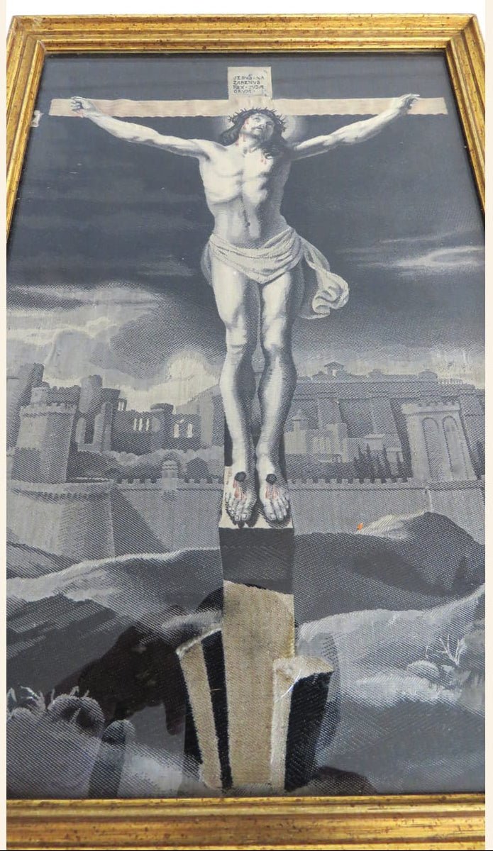 French Devotional Silk of the Crucifixion in Original Gilt Frame, Catholic Religious Wall Art - Vintage French Treasures