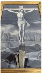 French Devotional Silk of the Crucifixion in Original Gilt Frame, Catholic Religious Wall Art - Vintage French Treasures