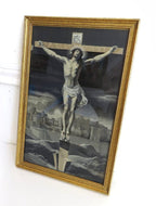 French Devotional Silk of the Crucifixion in Original Gilt Frame, Catholic Religious Wall Art - Vintage French Treasures