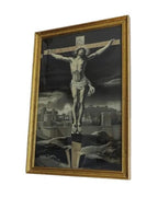 French Devotional Silk of the Crucifixion in Original Gilt Frame, Catholic Religious Wall Art - Vintage French Treasures